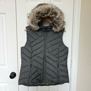 Eddie Bauer Down Puffer Vest Women LARGE Grey Jacket Removable Faux Fur Hood NWT